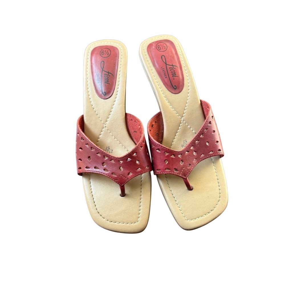 Fioni Red Leather Thong Sandals Women’s Size 6.5 Perforated Slip On Flip Flops